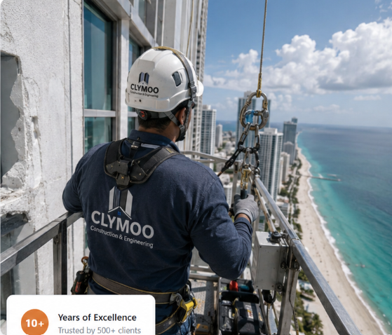 CLYMOO structural engineering technician inspecting a high-rise building facade